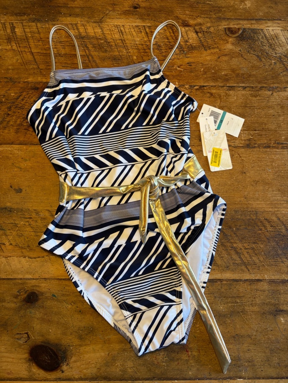 NWT Girls Tommy Bahama Striped One-Piece Swimsuit with Gold Belt Size 16